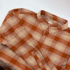 REI‎ Co-op Button Up Shirt mens XXL Orange Plaid long sleeve vented outdoor